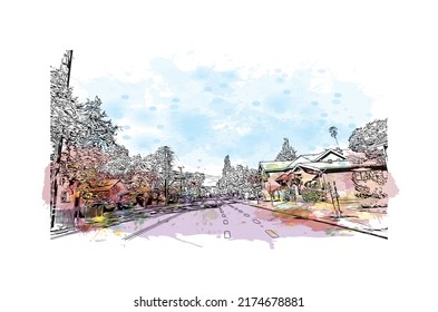 Building view with landmark of Napa is the 
city in California. Watercolor splash with hand drawn sketch illustration in vector.