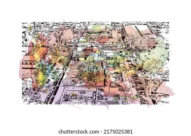 Building view with landmark of Naples is the 
city in Florida. Watercolor splash with hand drawn sketch illustration in vector.