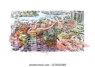 Building view with landmark of Naples is the 
city in Florida. Watercolor splash with hand drawn sketch illustration in vector.