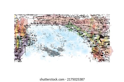 Building view with landmark of Naples is the 
city in Florida. Watercolor splash with hand drawn sketch illustration in vector.