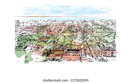 Building view with landmark of Naples is the 
city in Florida. Watercolor splash with hand drawn sketch illustration in vector.