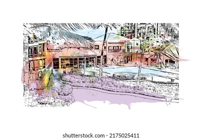 Building view with landmark of Naples is the 
city in Florida. Watercolor splash with hand drawn sketch illustration in vector.