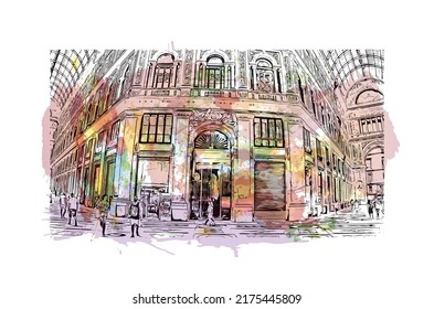 Building view with landmark of Naples is the 
city in Italy. Watercolor splash with hand drawn sketch illustration in vector.