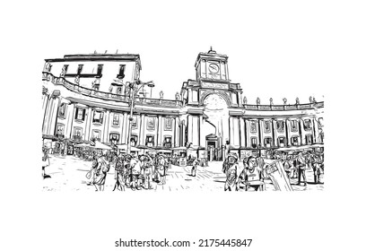 Building view with landmark of Naples is the 
city in Italy. Hand drawn sketch illustration in vector.