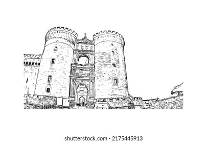 Building view with landmark of Naples is the 
city in Italy. Hand drawn sketch illustration in vector.