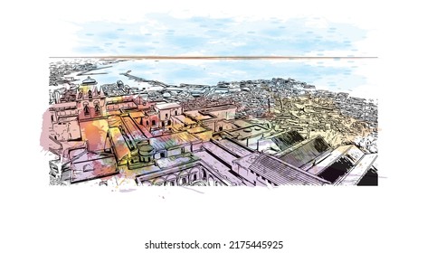 Building view with landmark of Naples is the 
city in Italy. Watercolor splash with hand drawn sketch illustration in vector.