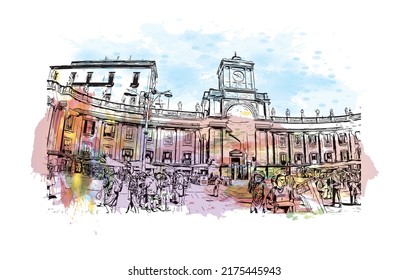 Building view with landmark of Naples is the 
city in Italy. Watercolor splash with hand drawn sketch illustration in vector.