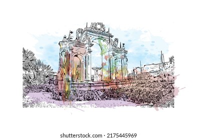 Building view with landmark of Naples is the 
city in Italy. Watercolor splash with hand drawn sketch illustration in vector.