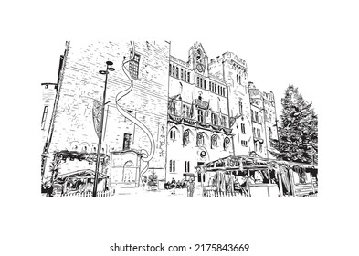 Building view with landmark of Narbonne is the 
commune in France. Hand drawn sketch illustration in vector.