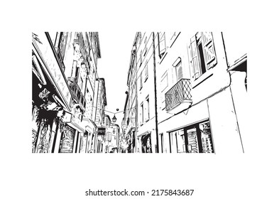Building view with landmark of Narbonne is the 
commune in France. Hand drawn sketch illustration in vector.