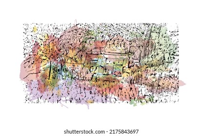 Building view with landmark of Narbonne is the 
commune in France. Watercolor splash with hand drawn sketch illustration in vector.