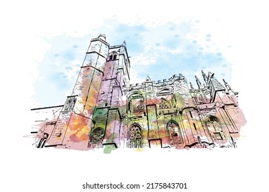 Building view with landmark of Narbonne is the 
commune in France. Watercolor splash with hand drawn sketch illustration in vector.