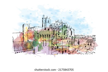 Building view with landmark of Narbonne is the 
commune in France. Watercolor splash with hand drawn sketch illustration in vector.