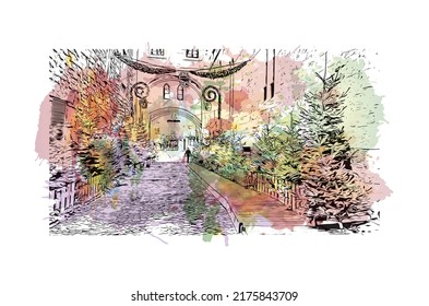 Building view with landmark of Narbonne is the 
commune in France. Watercolor splash with hand drawn sketch illustration in vector.