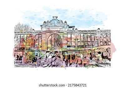 Building view with landmark of Narbonne is the 
commune in France. Watercolor splash with hand drawn sketch illustration in vector.
