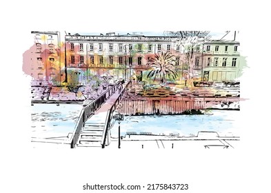 Construir vistas con el punto de referencia de Narbonne es el 
comuna en Francia. Salto de color de agua con ilustración de esbozo dibujada a mano en vector.