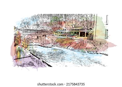 Building view with landmark of Narbonne is the 
commune in France. Watercolor splash with hand drawn sketch illustration in vector.