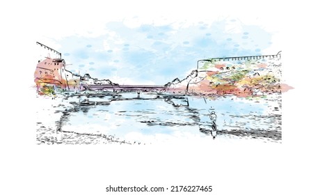Building view with landmark of Narva is a municipality and city in Estonia. Watercolor splash with hand drawn sketch illustration in vector.
