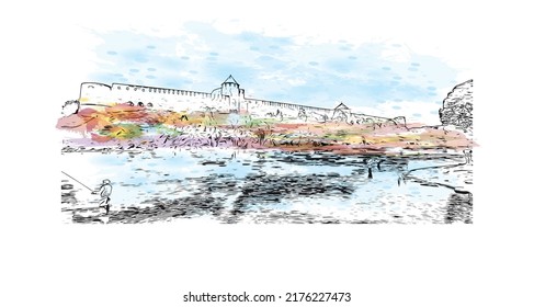 Construir vistas con el punto de referencia de Narva es un municipio y una ciudad en Estonia. Salto de color de agua con ilustración de esbozo dibujada a mano en vector.