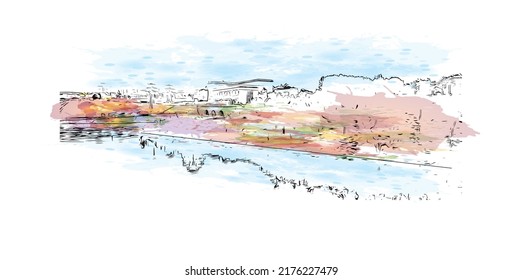 Building view with landmark of Narva is a municipality and city in Estonia. Watercolor splash with hand drawn sketch illustration in vector.