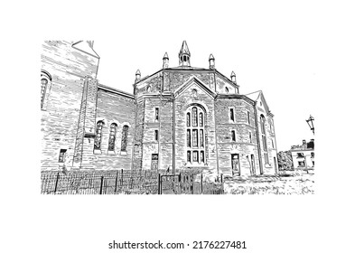 Building view with landmark of Narva is a municipality and city in Estonia. Hand drawn sketch illustration in vector.