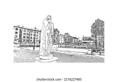 Building view with landmark of Narva is a municipality and city in Estonia. Hand drawn sketch illustration in vector.