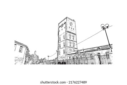 Building view with landmark of Narva is a municipality and city in Estonia. Hand drawn sketch illustration in vector.