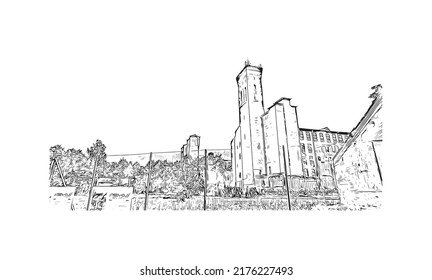 Building view with landmark of Narva is a municipality and city in Estonia. Hand drawn sketch illustration in vector.