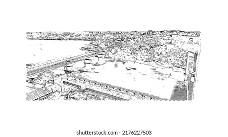 Building view with landmark of Narva is a municipality and city in Estonia. Hand drawn sketch illustration in vector.