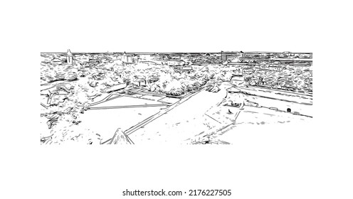 Building view with landmark of Narva is a municipality and city in Estonia. Hand drawn sketch illustration in vector.