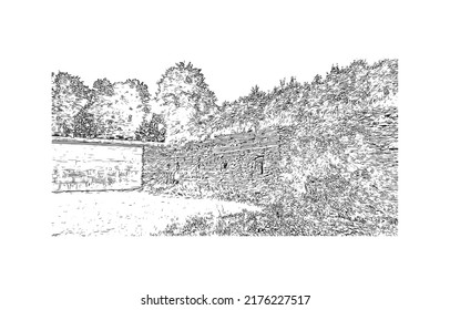 Building view with landmark of Narva is a municipality and city in Estonia. Hand drawn sketch illustration in vector.