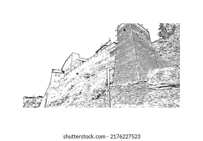 Building view with landmark of Narva is a municipality and city in Estonia. Hand drawn sketch illustration in vector.