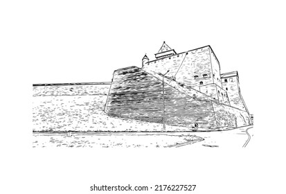 Building view with landmark of Narva is a municipality and city in Estonia. Hand drawn sketch illustration in vector.