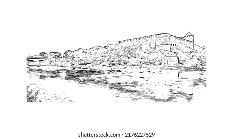 Construir vistas con el punto de referencia de Narva es un municipio y una ciudad en Estonia. Dibujo a mano de ilustración de esbozo en vector.