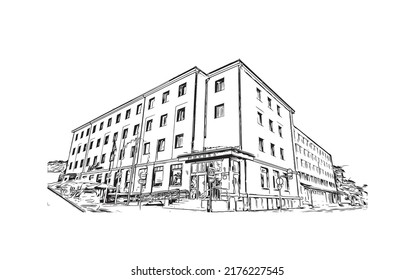 Building view with landmark of Narva is a municipality and city in Estonia. Hand drawn sketch illustration in vector.