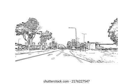 Building view with landmark of Narva is a municipality and city in Estonia. Hand drawn sketch illustration in vector.