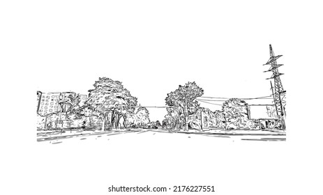 Building view with landmark of Narva is a municipality and city in Estonia. Hand drawn sketch illustration in vector.