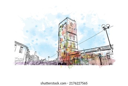 Building view with landmark of Narva is a municipality and city in Estonia. Watercolor splash with hand drawn sketch illustration in vector.