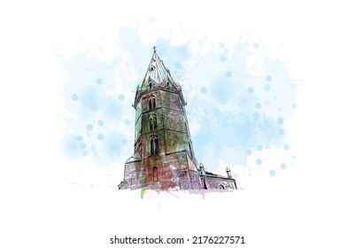 Building view with landmark of Narva is a municipality and city in Estonia. Watercolor splash with hand drawn sketch illustration in vector.