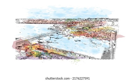 Construir vistas con el punto de referencia de Narva es un municipio y una ciudad en Estonia. Salto de color de agua con ilustración de esbozo dibujada a mano en vector.
