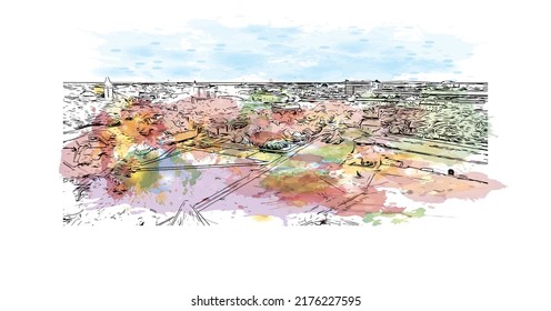 Building view with landmark of Narva is a municipality and city in Estonia. Watercolor splash with hand drawn sketch illustration in vector.