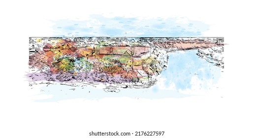 Building view with landmark of Narva is a municipality and city in Estonia. Watercolor splash with hand drawn sketch illustration in vector.