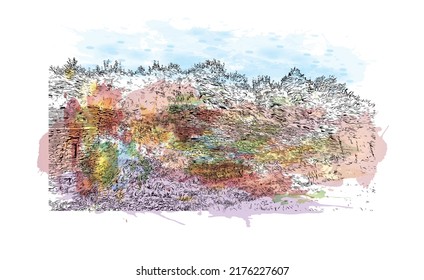 Building view with landmark of Narva is a municipality and city in Estonia. Watercolor splash with hand drawn sketch illustration in vector.