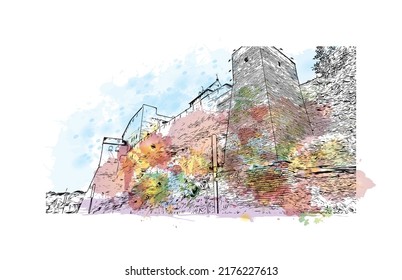 Building view with landmark of Narva is a municipality and city in Estonia. Watercolor splash with hand drawn sketch illustration in vector.