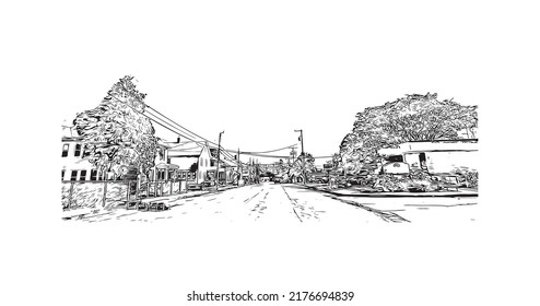 Building view with landmark of Nashua is a city in southern New Hampshire. Hand drawn sketch illustration in vector.