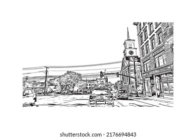 Building view with landmark of Nashua is a city in southern New Hampshire. Hand drawn sketch illustration in vector.