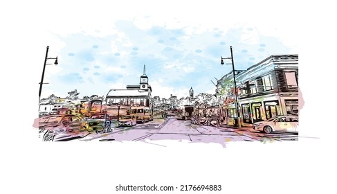 Building view with landmark of Nashua is a city in southern New Hampshire. Watercolor splash with hand drawn sketch illustration in vector.