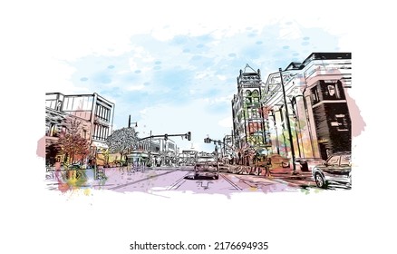 Building view with landmark of Nashua is a city in southern New Hampshire. Watercolor splash with hand drawn sketch illustration in vector.