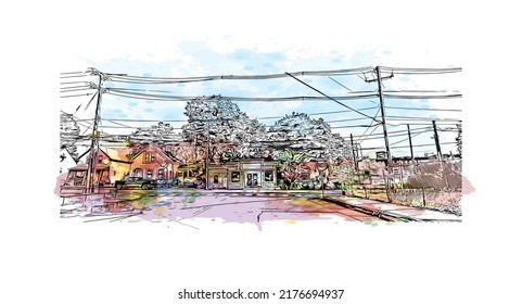 Building view with landmark of Nashua is a city in southern New Hampshire. Watercolor splash with hand drawn sketch illustration in vector.