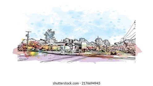 Building view with landmark of Nashua is a city in southern New Hampshire. Watercolor splash with hand drawn sketch illustration in vector.
